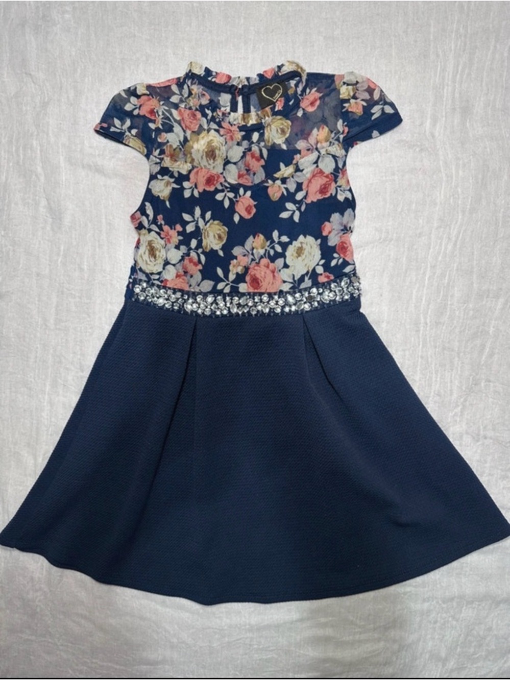 Monteau Navy Floral Fit & Flare Dress with Jewel Waistband